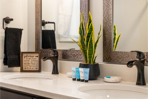 A bathroom sink with a plant and a mirror AI-generated content may be incorrect., Picture
