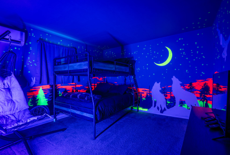 A bunk bed in a room with a wall painted with wolfs and moon AI-generated content may be incorrect., Picture