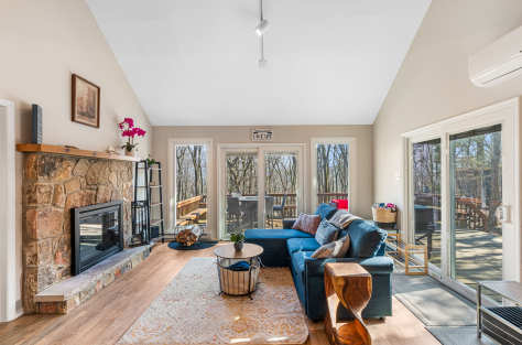 A living room with a blue couch and a fireplace AI-generated content may be incorrect., Picture